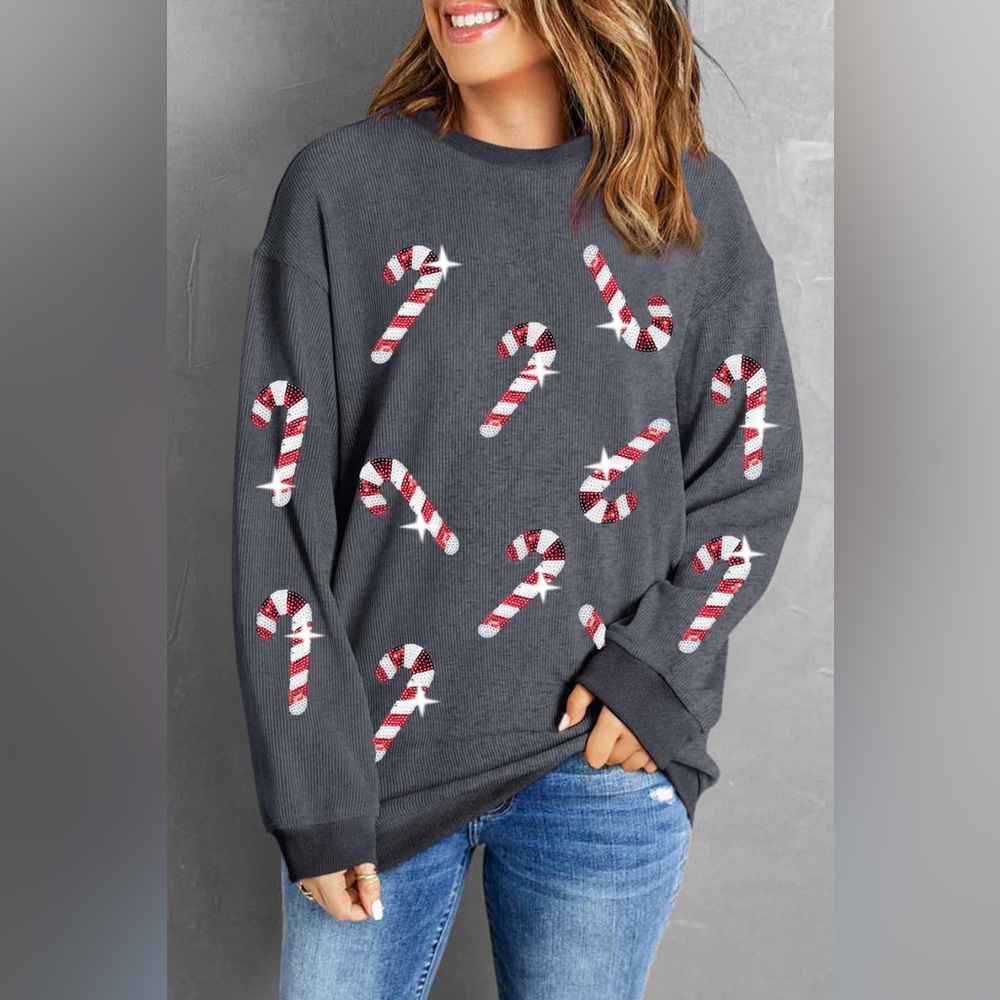 Sequin Candy Cane Round Neck Sweatshirt🆕